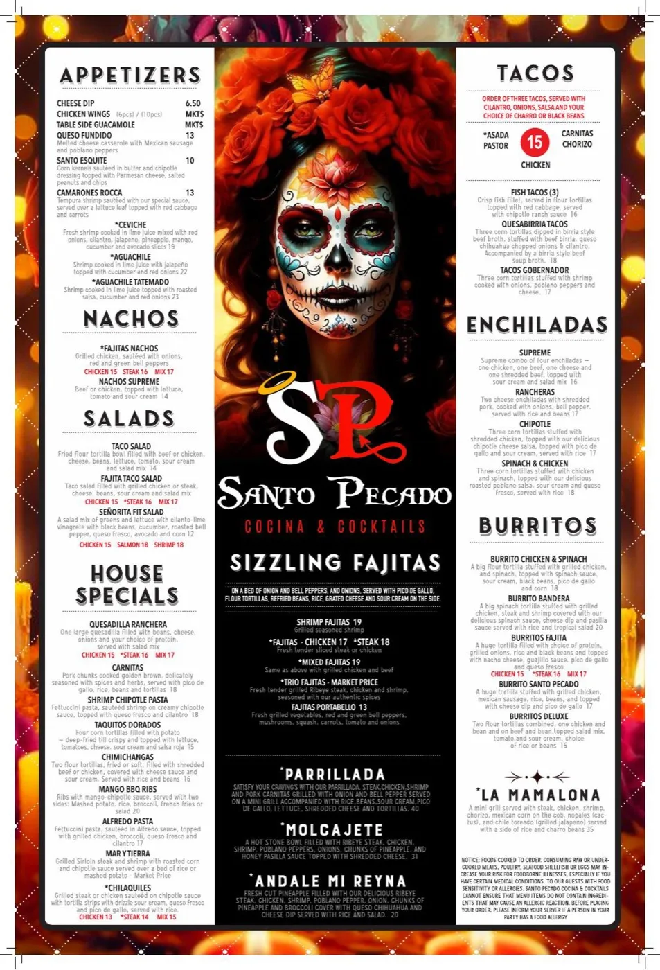 Santo Pecado menu